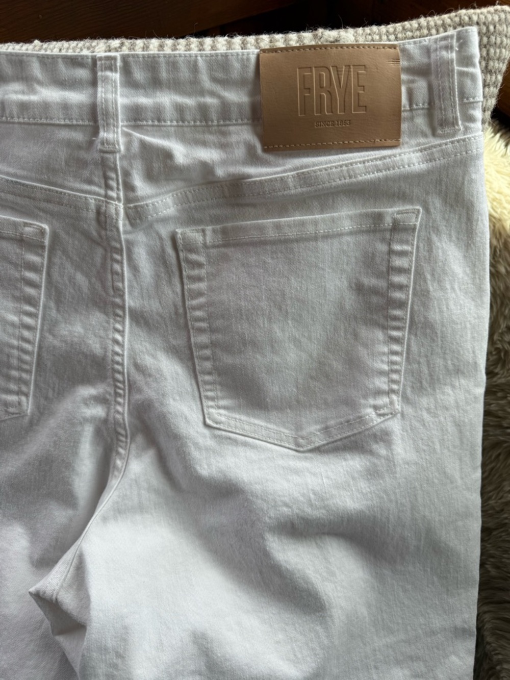 Frye White Denim Jeans with Tan Leather Patch